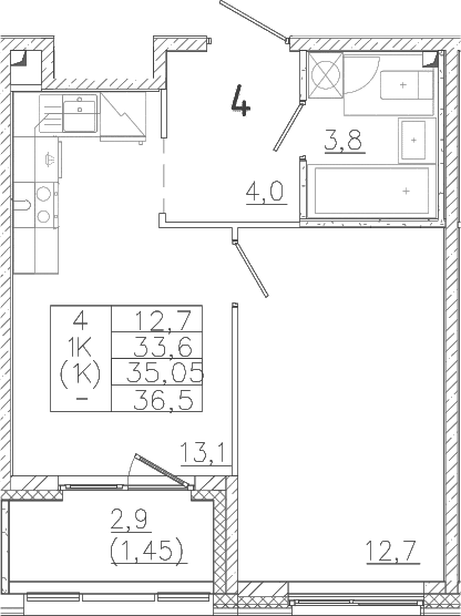 Планировка: 1-комнатная квартира 33,6 м² в ЖК «Лисино»