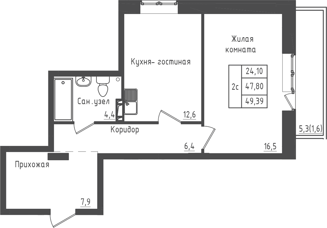 Планировка: 1-комнатная квартира 47,8 м² в ЖК «Зеленый город»