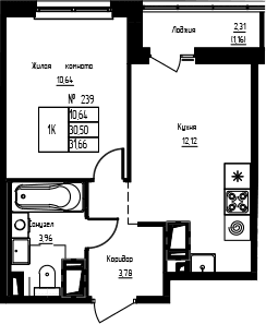 Планировка: 1-комнатная квартира 30,5 м² в ЖК «Кронунг-Янино»