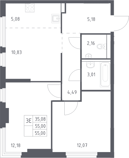 Планировка: Евротрёшка 55 м² в ЖК «Пригород Лесное»