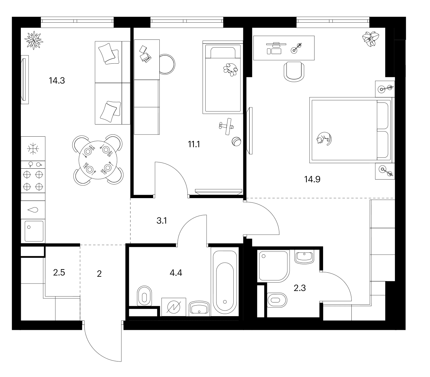 Планировка: 2-комнатная квартира 62 м² в ЖК «Ярославский»