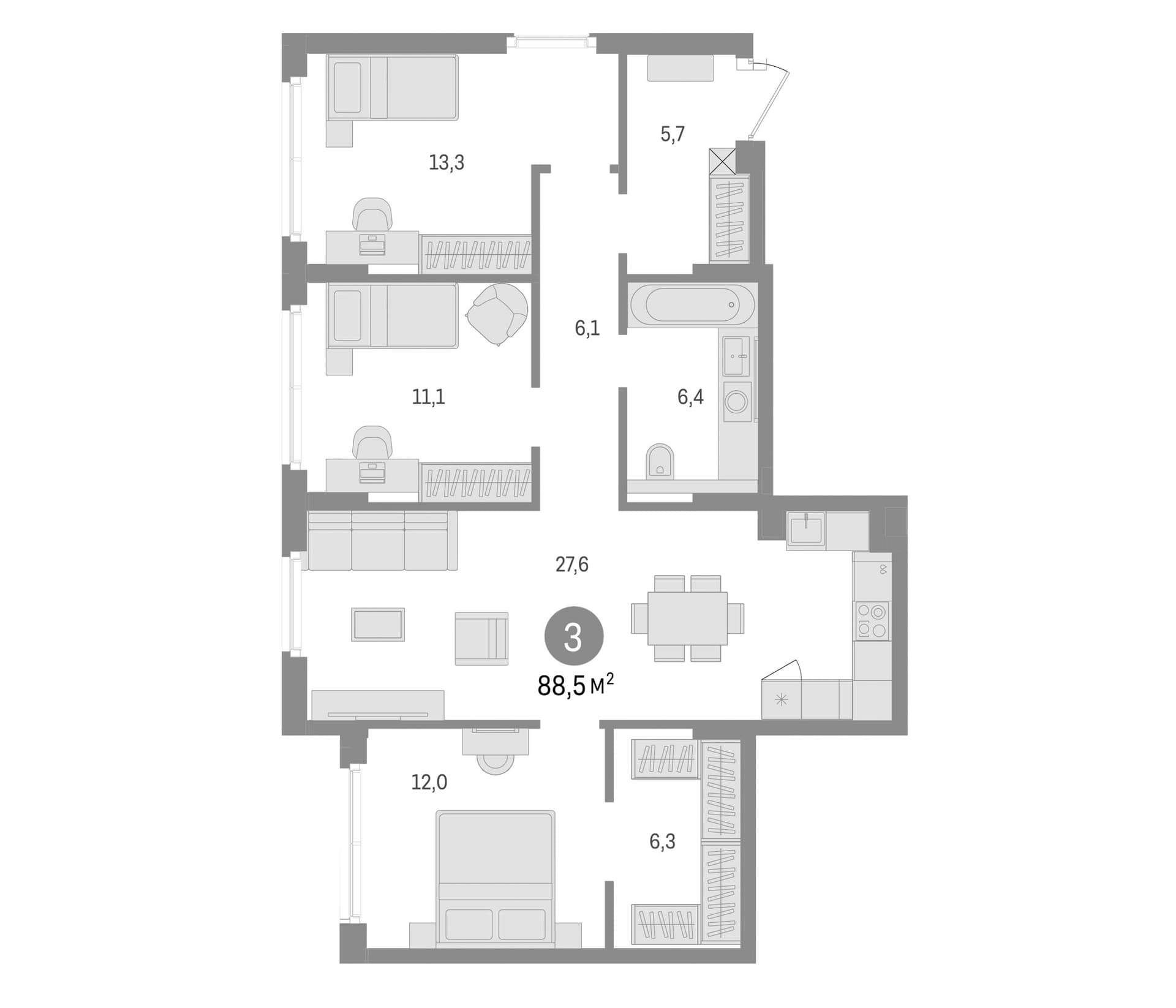 Планировка: Квартира евро-4 88,5 м² в ЖК «Брусника в Новоселье»