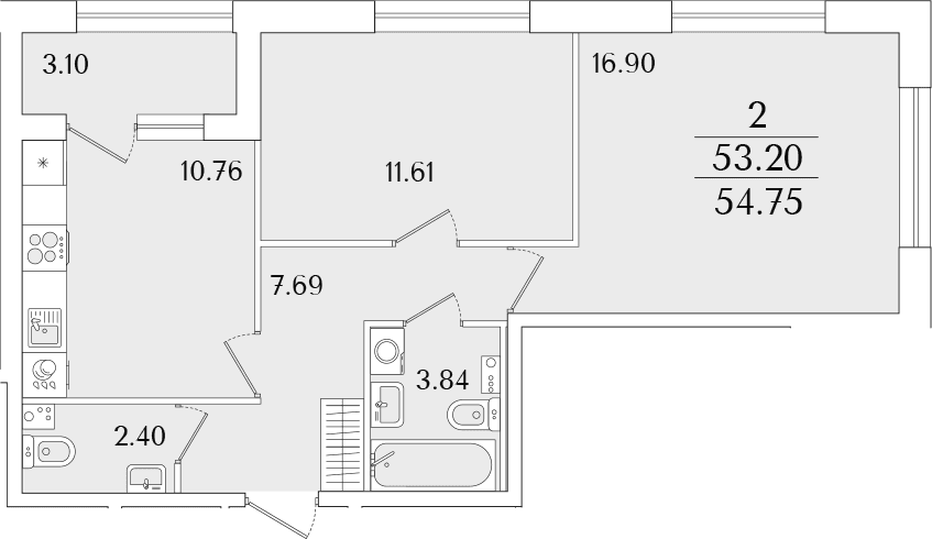 Планировка: 2-комнатная квартира 53,2 м² в ЖК «Аурум»