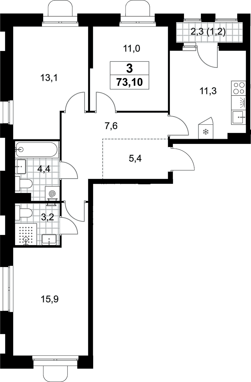Планировка: 3-комнатная квартира 71,9 м² в ЖК «Прокшино»