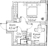 Планировка: 1-комнатная квартира 32 м² в ЖК «СЕЗАР БУДУЩЕЕ»