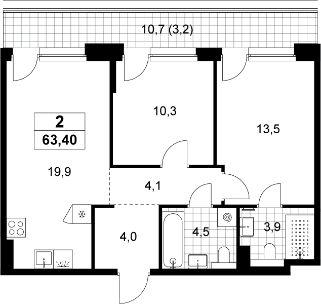 Планировка: Евротрёшка 60,2 м² в ЖК «Хольм»