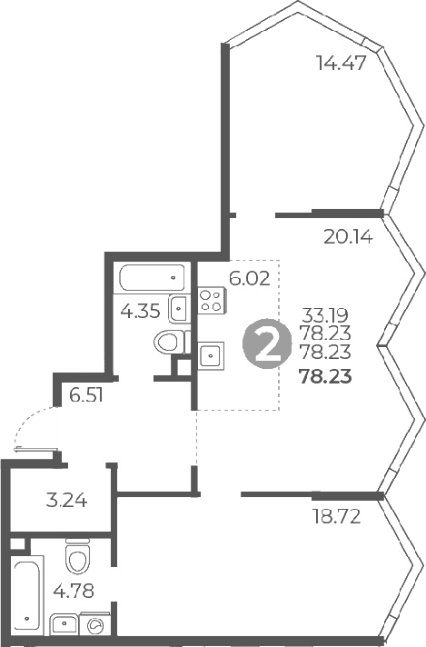 Планировка: 2-комнатная квартира 78,2 м² в ЖК «Мневники от Гранель»