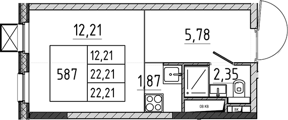 Планировка: Студия 22,2 м² в ЖК «Поварово-Молодежный-2»