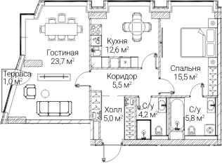 Планировка: 2-комнатная квартира 71,2 м² в ЖК «СЕЗАР БУДУЩЕЕ»
