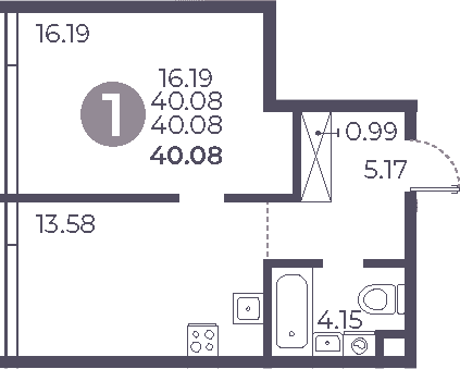 Планировка: 1-комнатная квартира 40,1 м² в ЖК «Мневники от Гранель»