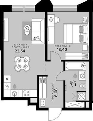Планировка: Евродвушка 49,7 м² в ЖК «СберСити»