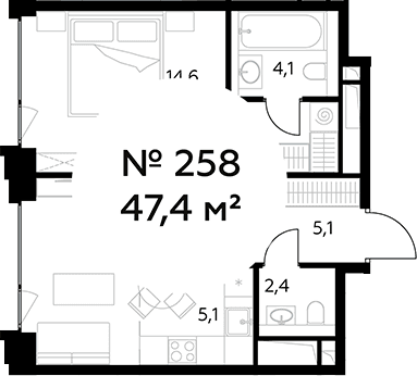 Планировка: Евродвушка 47,4 м² в ЖК «Монблан»