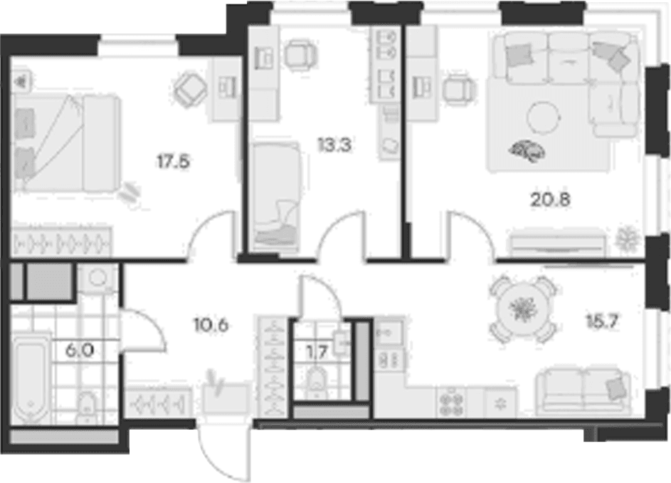 Планировка: 3-комнатная квартира 85,6 м² в ЖК «Михалевич»