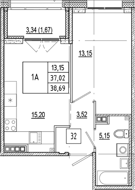 Планировка: Евродвушка 37 м² в ЖК «Ranta Residence»