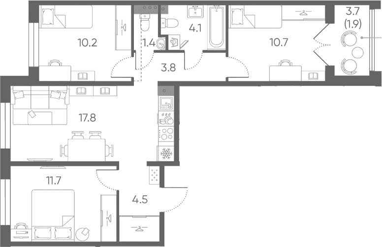 Планировка: Квартира евро-4 64,2 м² в ЖК «Пулково Лейк»