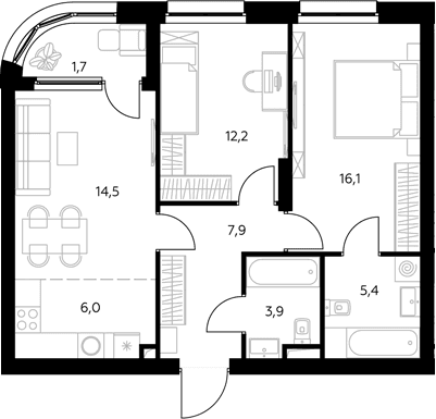 Планировка: Евротрёшка 66,7 м² в ЖК «Адмирал»