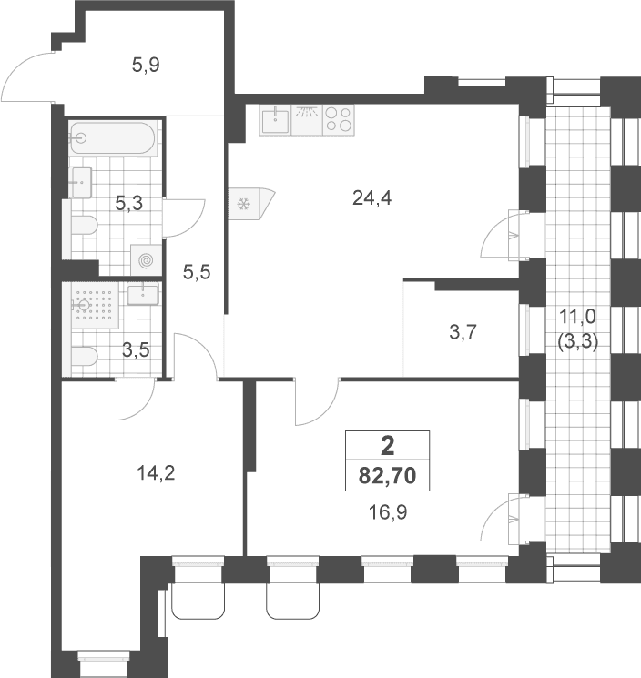 Планировка: Евротрёшка 79,4 м² в ЖК «Деснаречье»