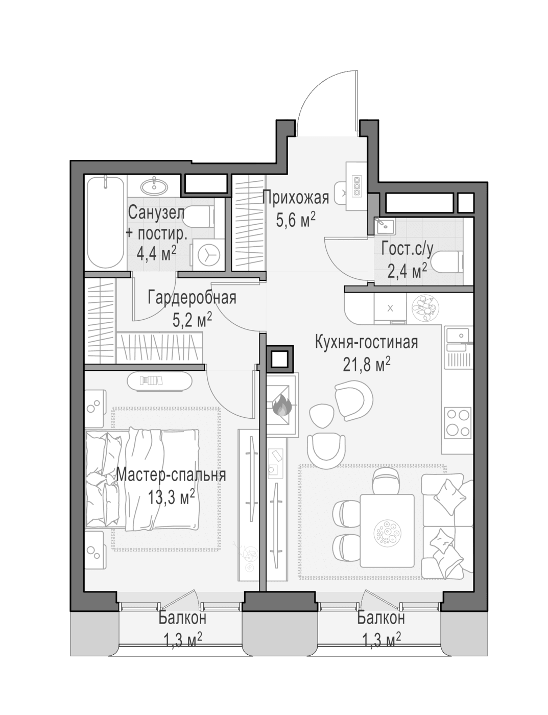 Планировка: Евродвушка 52,9 м² в ЖК «Квартал Тишинский бульвар»