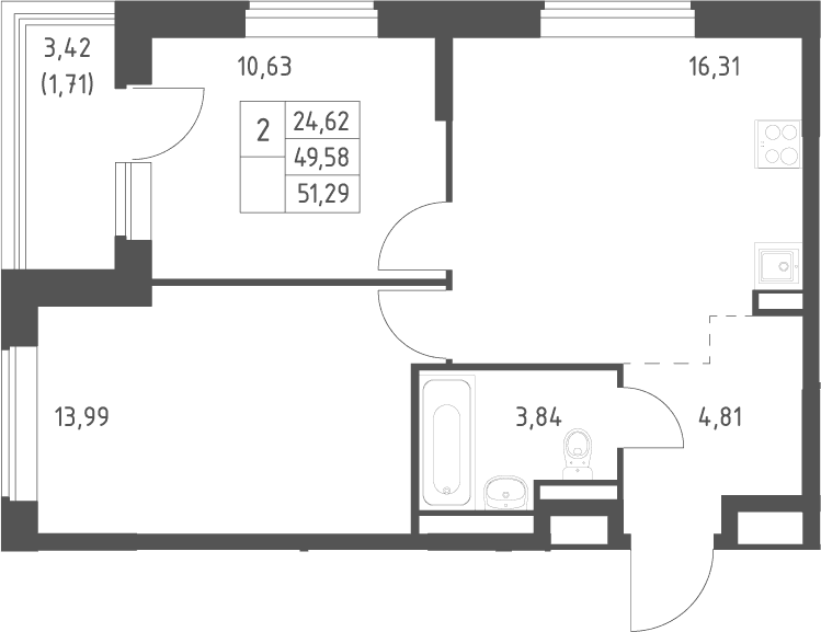 Планировка: Евротрёшка 49,6 м² в ЖК «Большое Юрлово»
