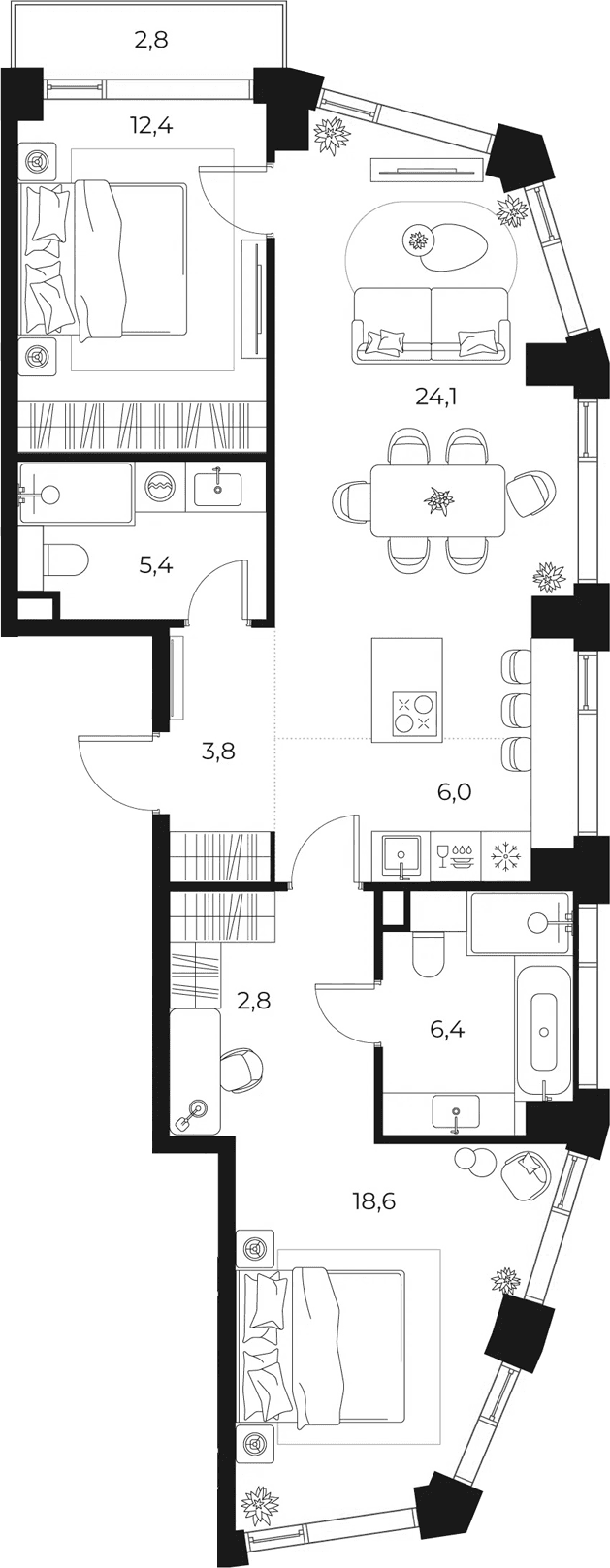 Планировка: Евротрёшка 79,5 м² в ЖК «МАСТЕРС»