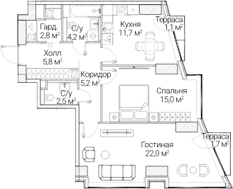 Планировка: 2-комнатная квартира 67,7 м² в ЖК «СЕЗАР БУДУЩЕЕ»
