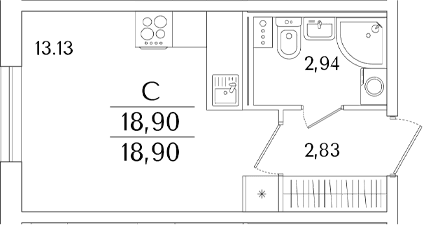 Планировка: Студия 18,9 м² в ЖК «Кинопарк»
