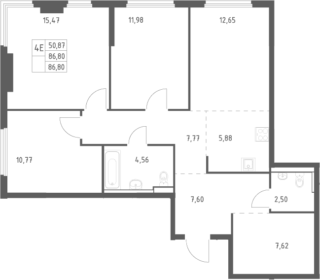 Планировка: Квартира евро-4 86,8 м² в ЖК «Пригород Лесное»