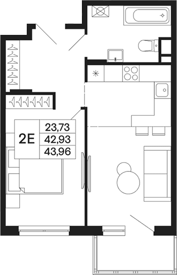 Планировка: Евродвушка 42,9 м² в ЖК «Базаева 11»