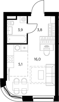 Планировка: Студия 29,1 м² в ЖК «Адмирал»