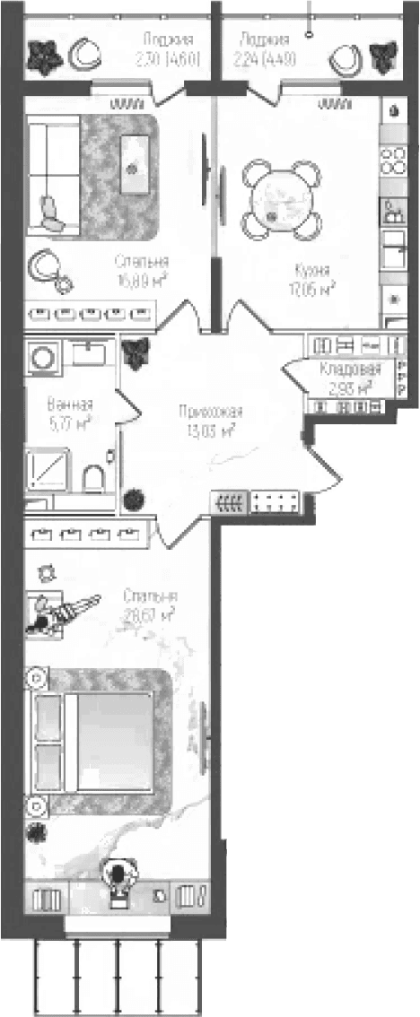 Планировка: 2-комнатная квартира 84,3 м² в ЖК «Рига Хиллс»