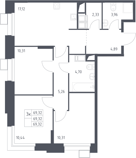 Планировка: Квартира евро-4 69,3 м² в ЖК «Тропарево Парк»