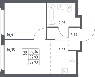 Планировка: Евродвушка 32,9 м² в ЖК «Космический Квартал»
