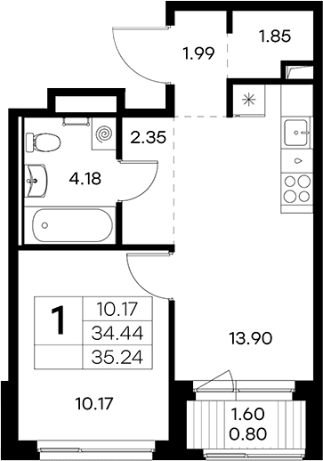 Планировка: Евродвушка 34,4 м² в ЖК «Новоселье»
