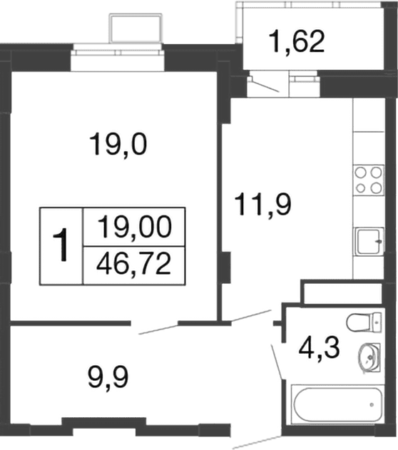 Планировка: 1-комнатная квартира 45,1 м² в ЖК «Времена года»