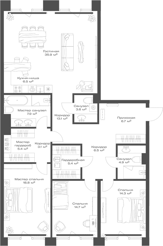Планировка: Квартира евро-4 146,8 м² в ЖК «Опус»