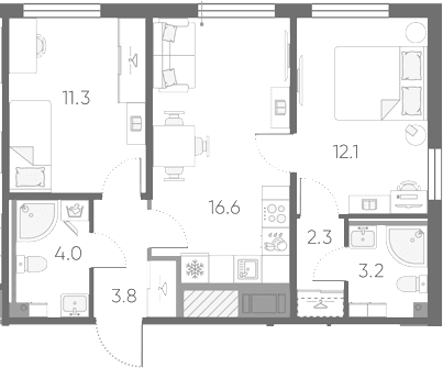 Планировка: Евротрёшка 53,3 м² в ЖК «Октябрьская набережная»