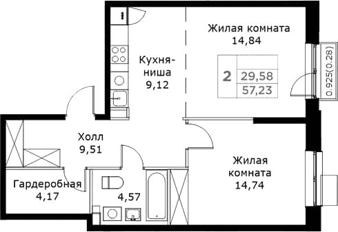 Планировка: Евродвушка 57 м² в ЖК «КИТ»