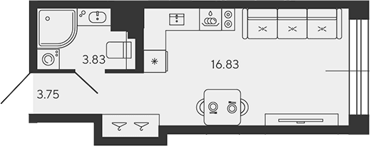 Планировка: Студия 24,4 м² в ЖК «BASHNI ELEMENT»