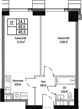 Планировка: Евродвушка 48,6 м² в ЖК «Мираполис»