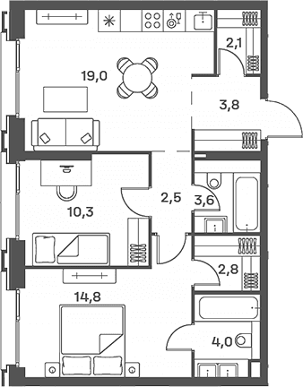 Планировка: Евротрёшка 62,9 м² в ЖК «Портленд»