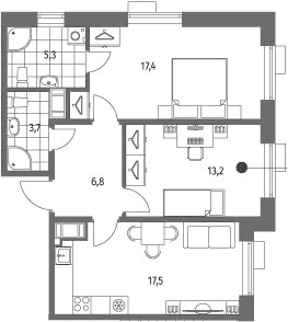 Планировка: Евротрёшка 63,9 м² в ЖК «Парусная 1»