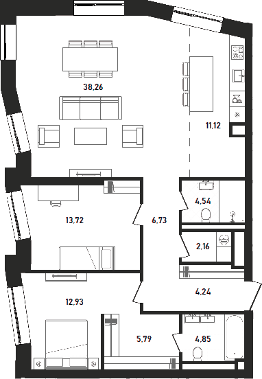 Планировка: Евротрёшка 104,3 м² в ЖК «Репаблик»