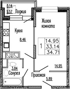 Планировка: 1-комнатная квартира 34,5 м² в ЖК «Клевер»