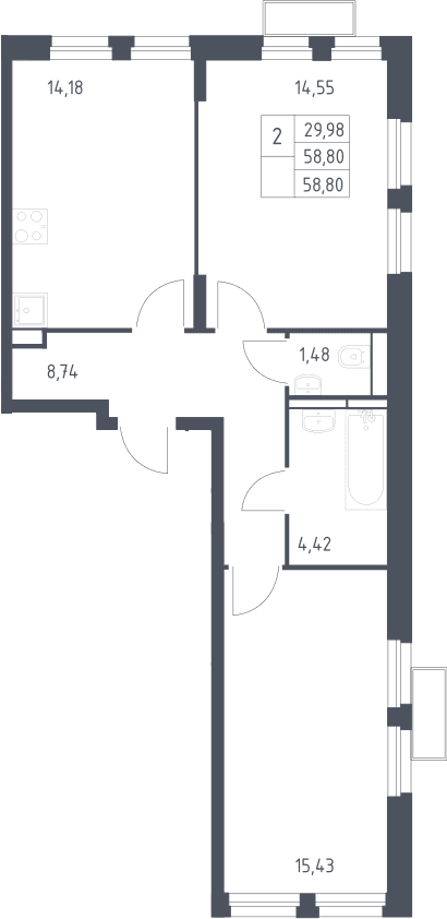 Планировка: 2-комнатная квартира 58,8 м² в ЖК «Квартал Строгино»