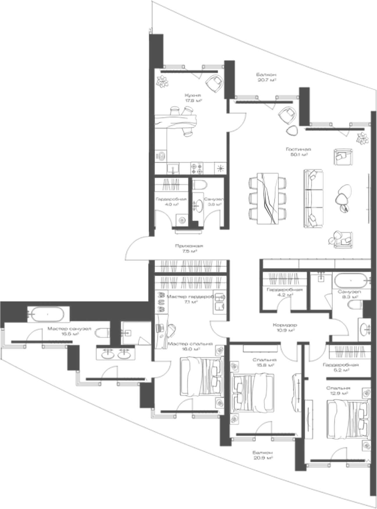 Планировка: Квартира евро-4 179,1 м² в ЖК «Опус»