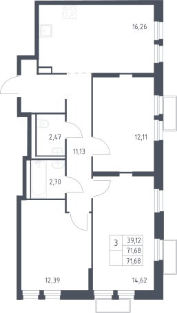 Планировка: 3-комнатная квартира 71,7 м² в ЖК «Квартал Строгино»