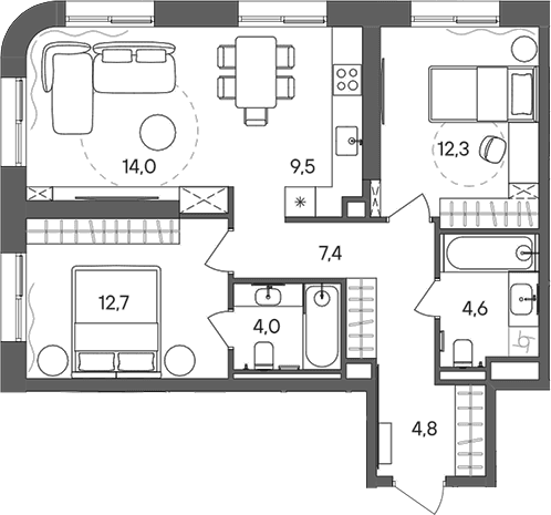 Планировка: Евротрёшка 69,3 м² в ЖК «СТОУН Сокольники»