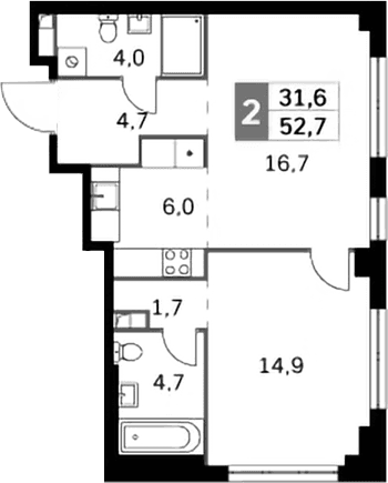 Планировка: Евродвушка 52,7 м² в ЖК «Сидней Сити»