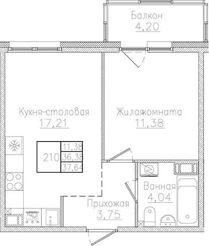 Планировка: Евродвушка 36,4 м² в ЖК «Счастье 2.0»