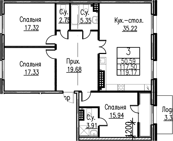 Планировка: Квартира евро-4 116,8 м² в ЖК «Neva Haus»